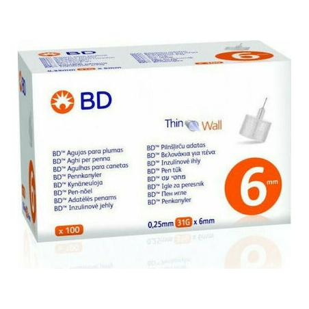 BD Thin Wall 6 Αποστειρωμένες Βελόνες για Πένες Ινσουλίνης Διαστάσεις 0.25x6mm (31G) 100τμχ