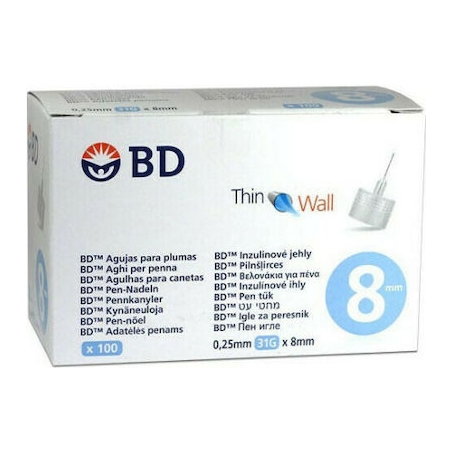 BD Thin Wall Βελόνες Ινσουλίνης 31G x 8mm 100τμχ