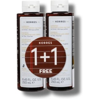 Korres Promo (50% στο Δεύτερο Προϊόν) Σαμπουάν για Λεπτά-Αδύναμα Μαλλιά με Πρωτεΐνες Ρυζιού & Τίλιο, 2x250ml