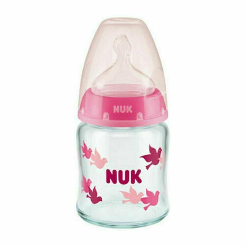 Nuk Γυάλινο Μπιμπερό First Choice Plus Temperature Control Κατά των Κολικών με Θηλή Σιλικόνης 120ml για 0-6 μηνών Ροζ Πουλάκια Nuk Γυάλινο Μπιμπερό First Choice Plus Temperature Control Κατά των Κολικών με Θηλή Σιλικόνης 120ml για 0-6 μηνών Ροζ Πουλάκια